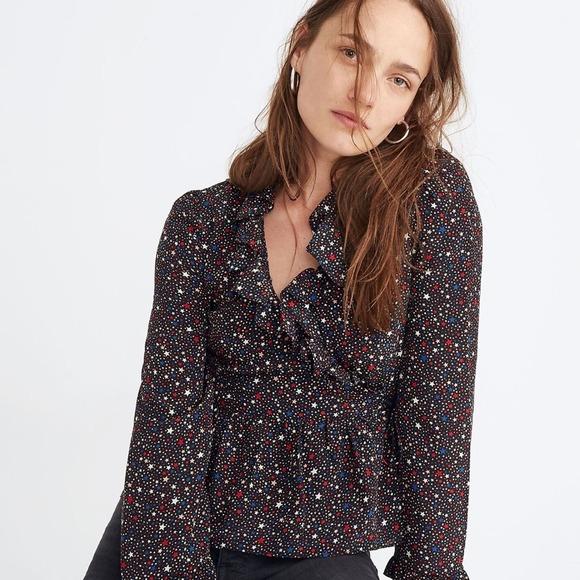 Madewell Silk Ruffle-Hem Wrap Top in Starry Night - Picture 1 of 3